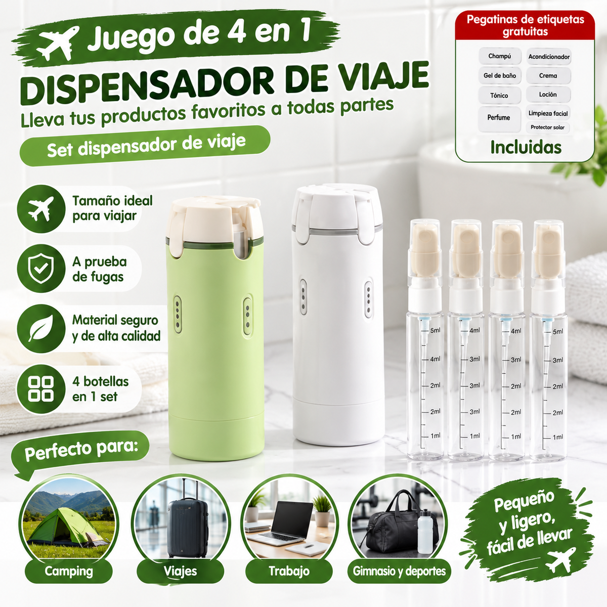 Botella de viaje 4 en 1 para tu aseo